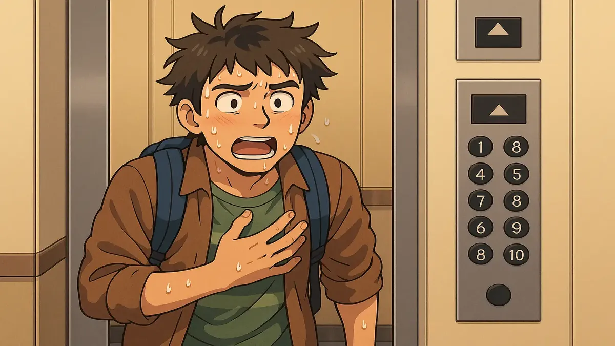 Ilustración estilo anime de un hombre amigable de las montañas, sudando tras un largo viaje en ascensor a su habitación frente al mar.