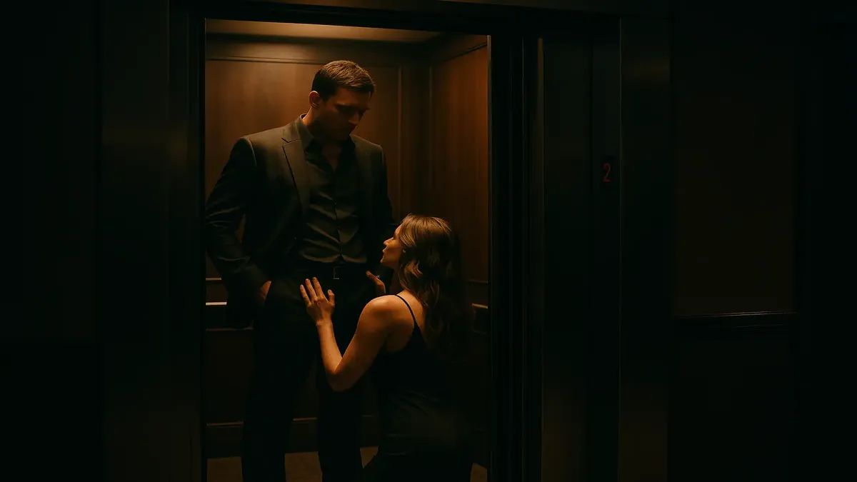 Escena de ascensor con una pareja en una posición comprometedora, ilustrando un divertido incidente en un hotel.