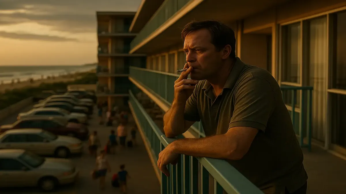 Hotel costero concurrido con familias llegando para las vacaciones de verano, mostrando la actividad del turismo playero.
