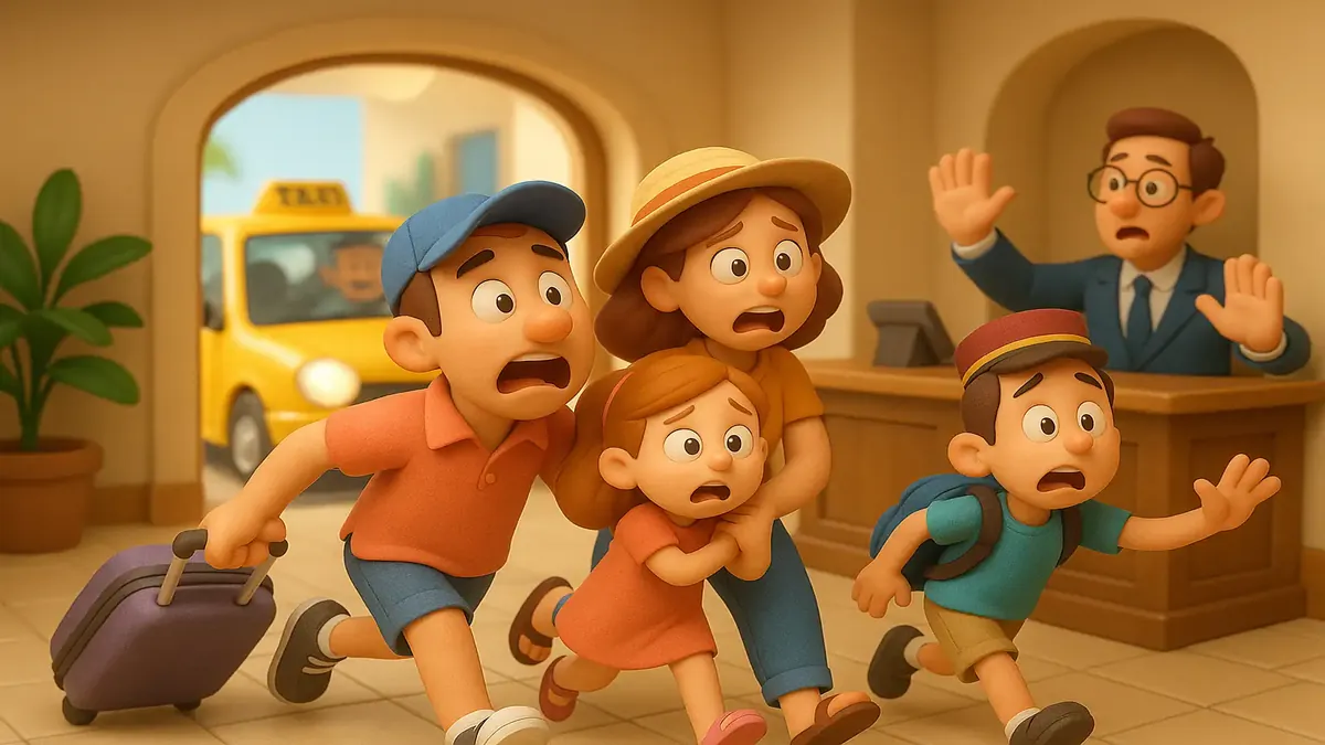 Ilustración en 3D de una familia estresada haciendo el check-out de un hotel en la playa, mostrando su apresurada salida.
