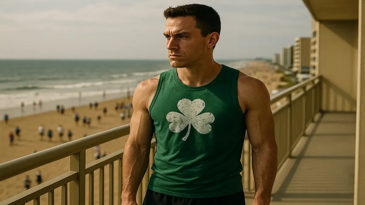 Corredores en el fin de semana del Shamrock Marathon, mostrando una playa llena de participantes concentrados en sí mismos.