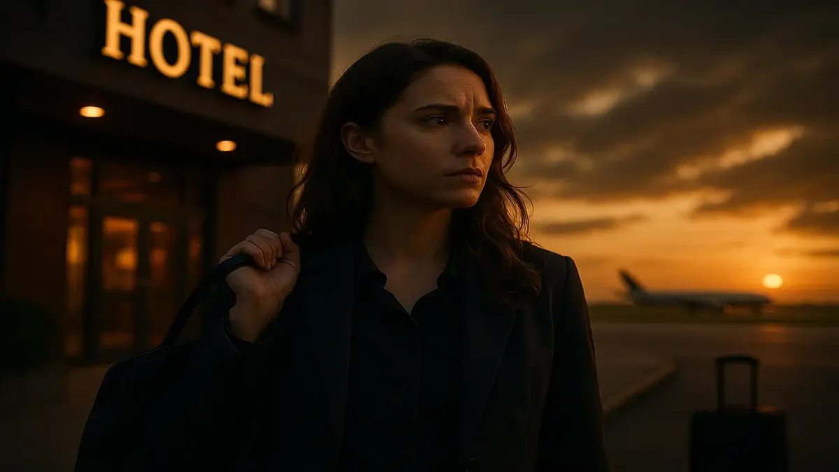 Imagen cinematográfica de un trabajador frustrado de hotel reflexionando sobre problemas de gestión en un hotel concurrido del aeropuerto.