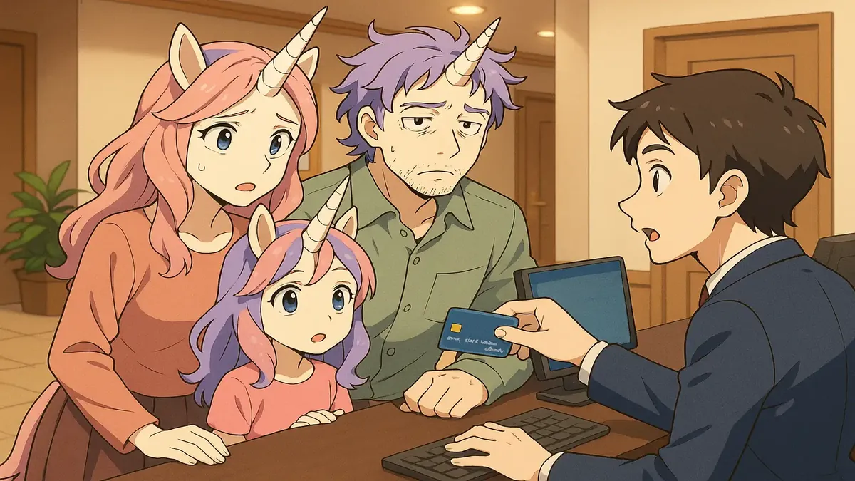 Ilustración estilo anime de una familia de unicornios con un auditor de hotel estresado en la recepción.