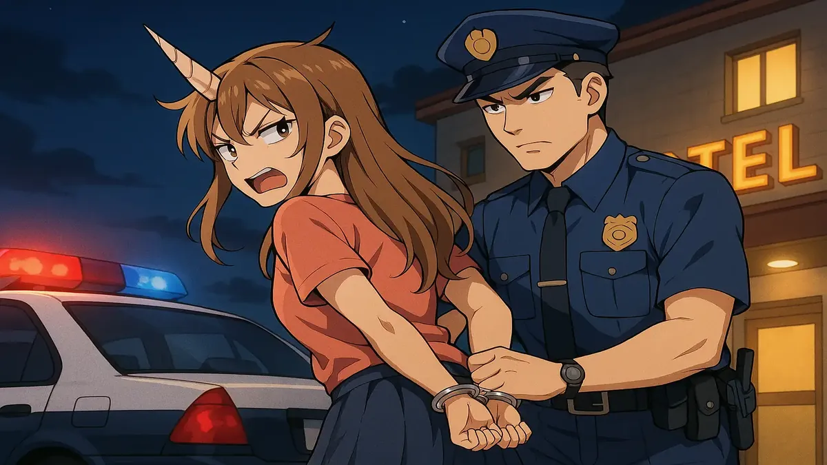 Ilustración al estilo anime de una huésped frustrada en un vestíbulo de hotel surrealista.