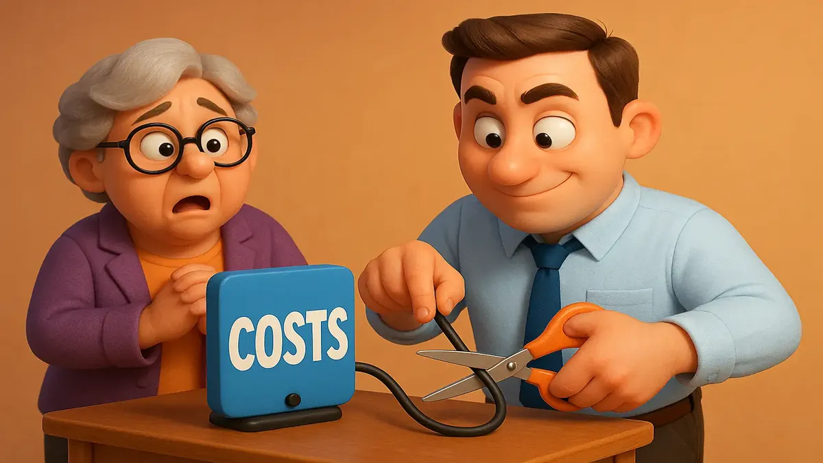 நன்கொடை பட்ஜெட் பேரழிவில் கடுமையான முடிவுகள் எடுத்து கொண்ட மேலாளரின் காமிக் 3D படம்.