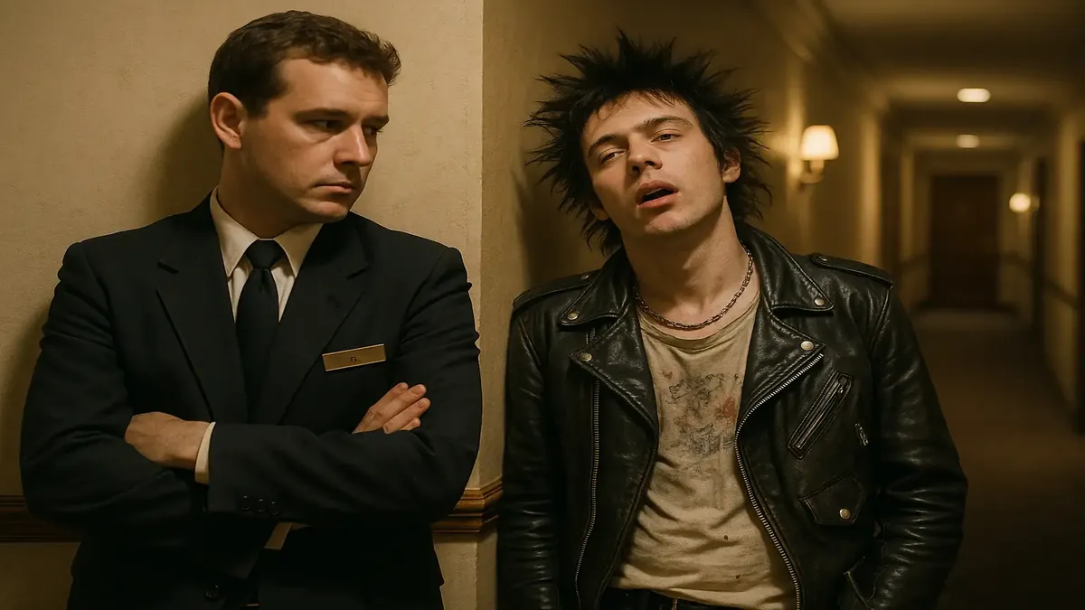 Miembros de una banda en una habitación de hotel, capturando la energía y el caos del punk rock de los años 80.