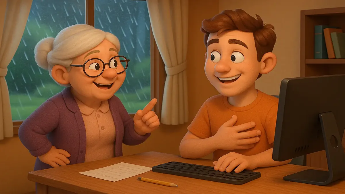 மழை பெய்யும் இனிய நாளின் 3D கார்டூன் படம், பாட்டி நீர் தெப்பங்களைப் பற்றிச் சொல்கிறார், ஒரு மகிழ்ச்சியுடன் இருக்கிறது.