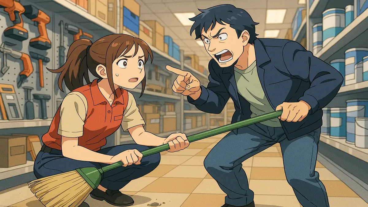 ஒரு வாடிக்கையாளர், கருவிகள் கடையில் பணியாளரிடமிருந்து ஒரு பூட்டை எடுத்துக்கொள்கிறார், சன்னல் அணி கலைத்தில் வரைந்துள்ளது.