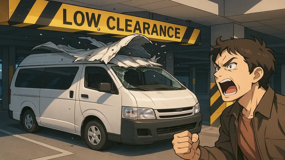 ஒரு பார்கிங் கோர்ட் கேரேஜில் வானின் உயரத்தை தவறாக மதிப்பீடு செய்யும் அனிமேஷன் காட்சி, குறைந்த உயரம் எச்சரிக்கைகள் மற்றும் வாகனத்திற்கு ஏற்பட்ட சேதத்தை குறிக்கிறது.