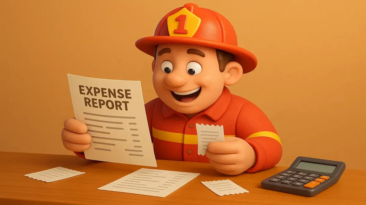 தீயணைப்புத்துறையினர் செலவுப் பதிவுகளை சமர்ப்பிக்கும் கார்டூன் 3D படக்காட்சி.