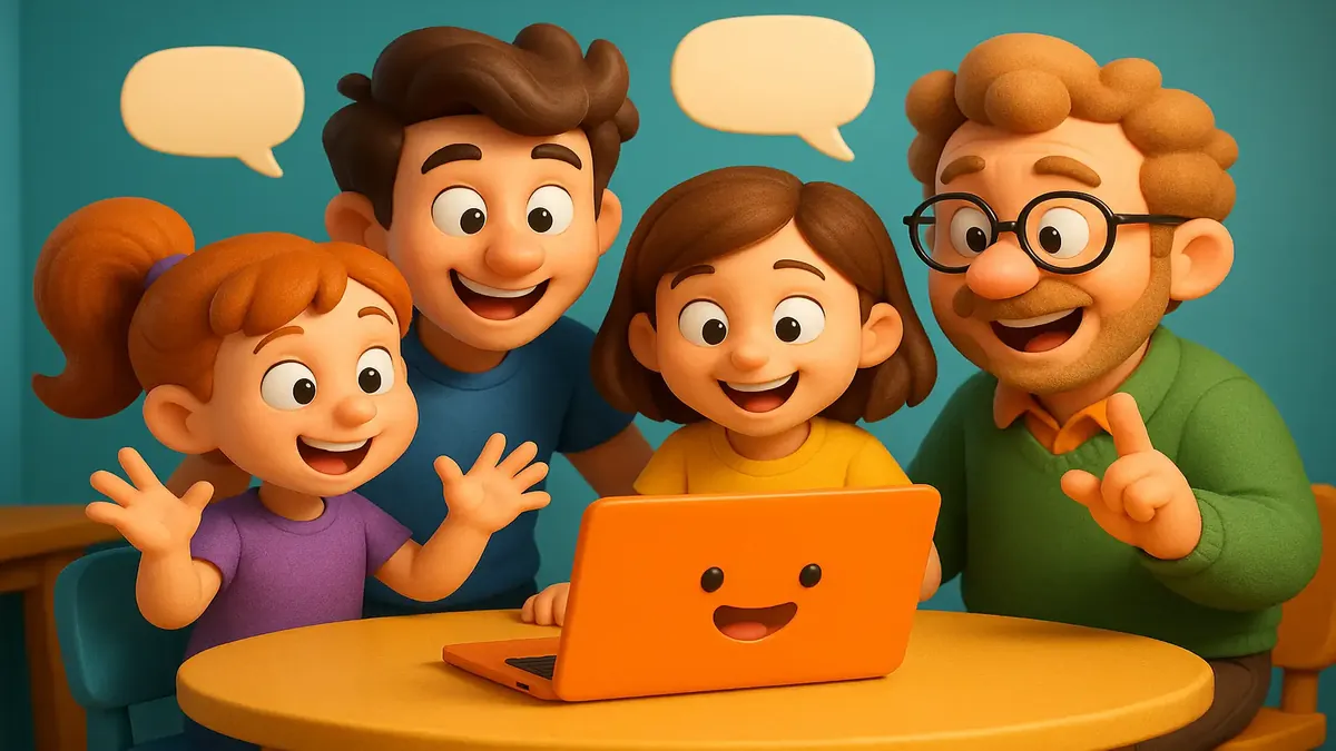 பல்வேறு தலைப்புகள் மற்றும் கேள்விகளுக்கு உரையாடல் இடத்தை சித்தரிக்கும் வண்ணமயமான கார்டூன்-3D படம்.