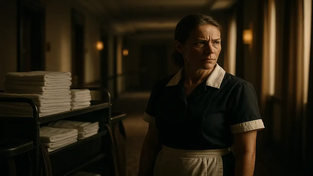 ஓட்டலின் அறையில் வேலை செய்கிற வீட்டுப்பணியாளர்கள், அவர்களின் கடுமையான வேலையை வெளிப்படுத்துகிறது.