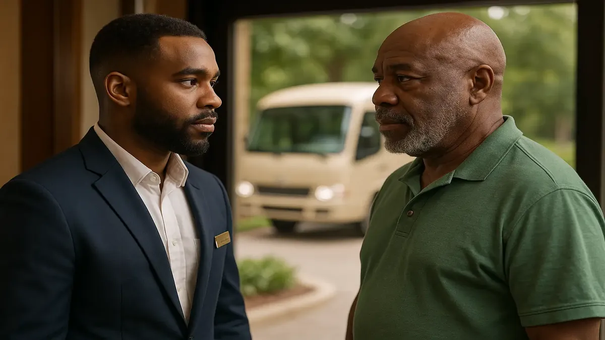 இரண்டு கோல்ஃபர்கள் ஒரு பேருந்தில் ஹோட்டலில் வருகிறார்கள், ஒரே பெயரை பகிர்ந்து கொண்டு, கிங்க் ரூம் முன்பதிவு தெரிகிறது.