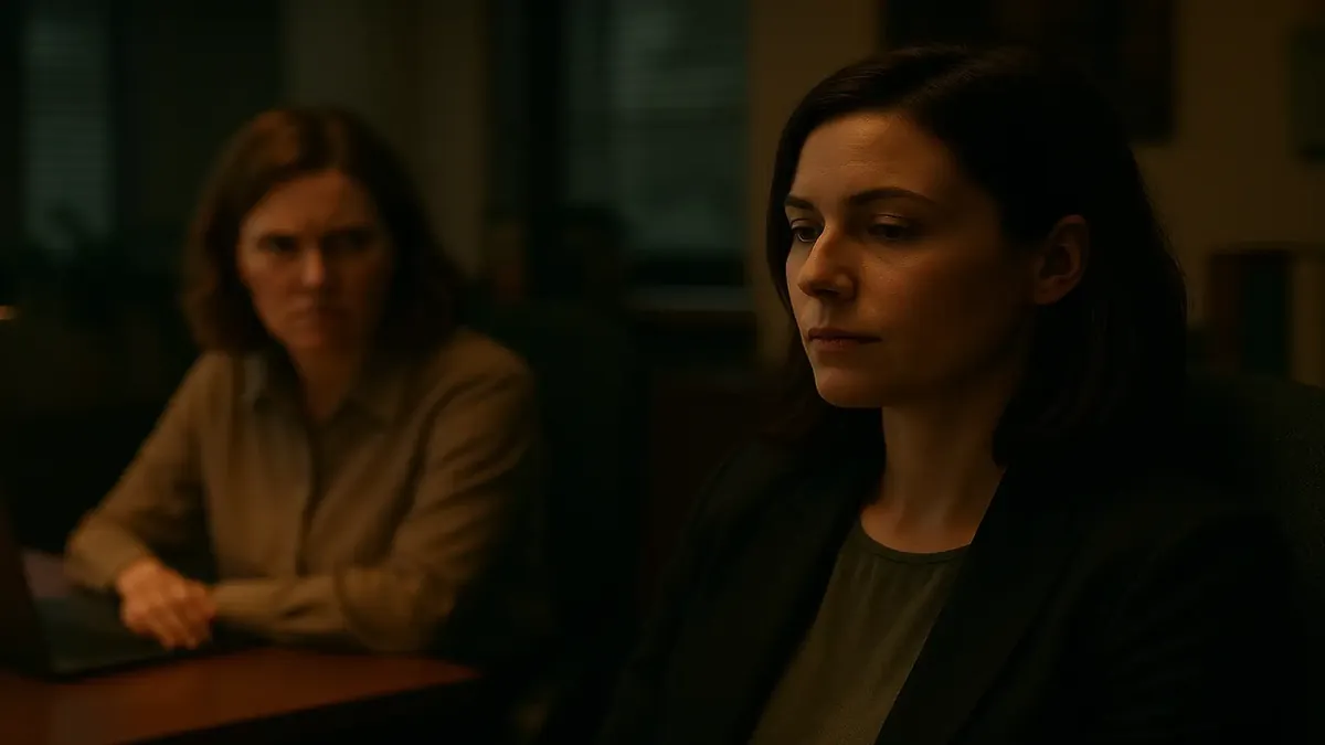 தொழில் முன்னேற்றத்தை கொண்டாடும் பெண், அவளுக்கு எதிரான அசௌகரியமாக இருக்கிற colleague-க்கு தொலைவில் உள்ளார்.