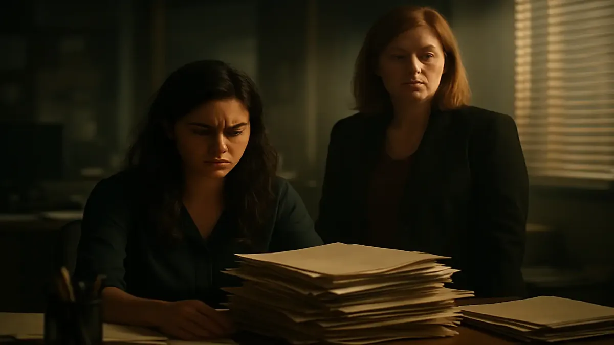 வேலைப்பளுவால் அழுத்தத்தில் உள்ள நிர்வாக உதவியாளர், சோம்பலான சக ஊழியர் பொறுப்புகளை தவிர்க்கும் காட்சி.