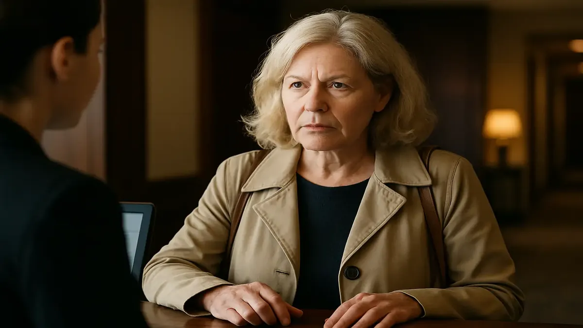 மிஸ் பி, ஒரு ஹோட்டல் லொபியில், தனது விருப்பமான அறை 804 அல்லது 904 பற்றியதில் ஆர்வமாக கேட்டுக்கொண்டு உள்ளார்.