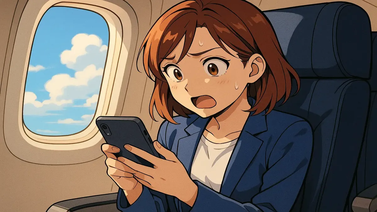 கவலைப்பட்ட பயணி ஒரு விமான நிலையத்தில் பதிவு செய்யும் போது, மாற்றப்பட்ட விமானத்தின் அனிமே-மாதிரி иллюстрация.