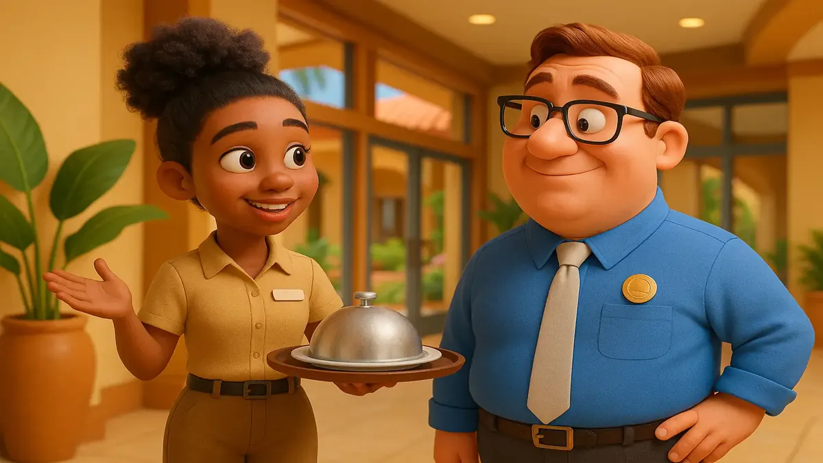 ஒரு காமிக்ஸ் பாணியில் 3D வரைபடம், ஒரு சிறுவன் ஒரு ரிசார்டில் வேலை செய்யும் காட்சி, நினைவூட்டும் வேலை அனுபவத்தை வெளிப்படுத்துகிறது.