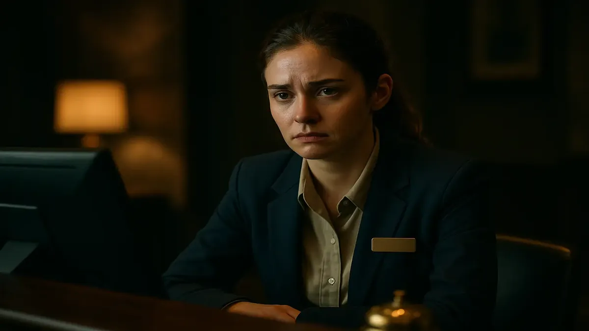 கடுமையான விருந்தினரை சமாளிக்கும் சோர்வான ஹோட்டல் முன் மேசை பணியாளர் சினேமாட்டிக் சூழலில்.