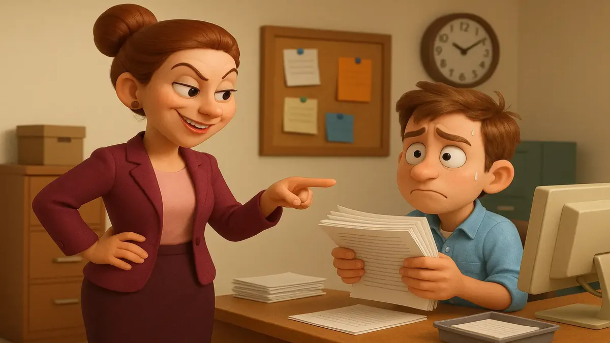 அலுவலக சூழலில், தொழிலாளர்களின் அறிக்கைகளை சாமானியமாகப் பாதிக்க அசைவிழுப்பான சமூக முன்னேற்றக்காரியின் கார்டூன் ஸ்டைல் விளக்கம்.