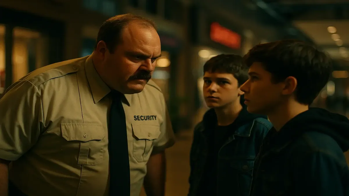 சினிமா நுழைவாயிலை கவனிக்கும் மால் பாதுகாப்பு அதிகாரி, சின்மயமான காட்சி.