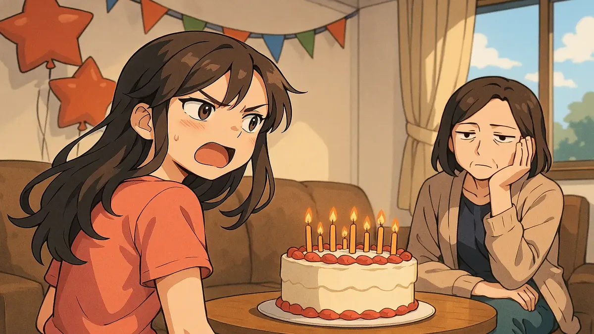 பிறந்த நாளின் கொண்டாட்டத்தை முடிவுக்கு கொண்டு வரும் சிக்கலான அன்னை உருவம் கொண்ட அனிமே அனிமேஷன் படம்.