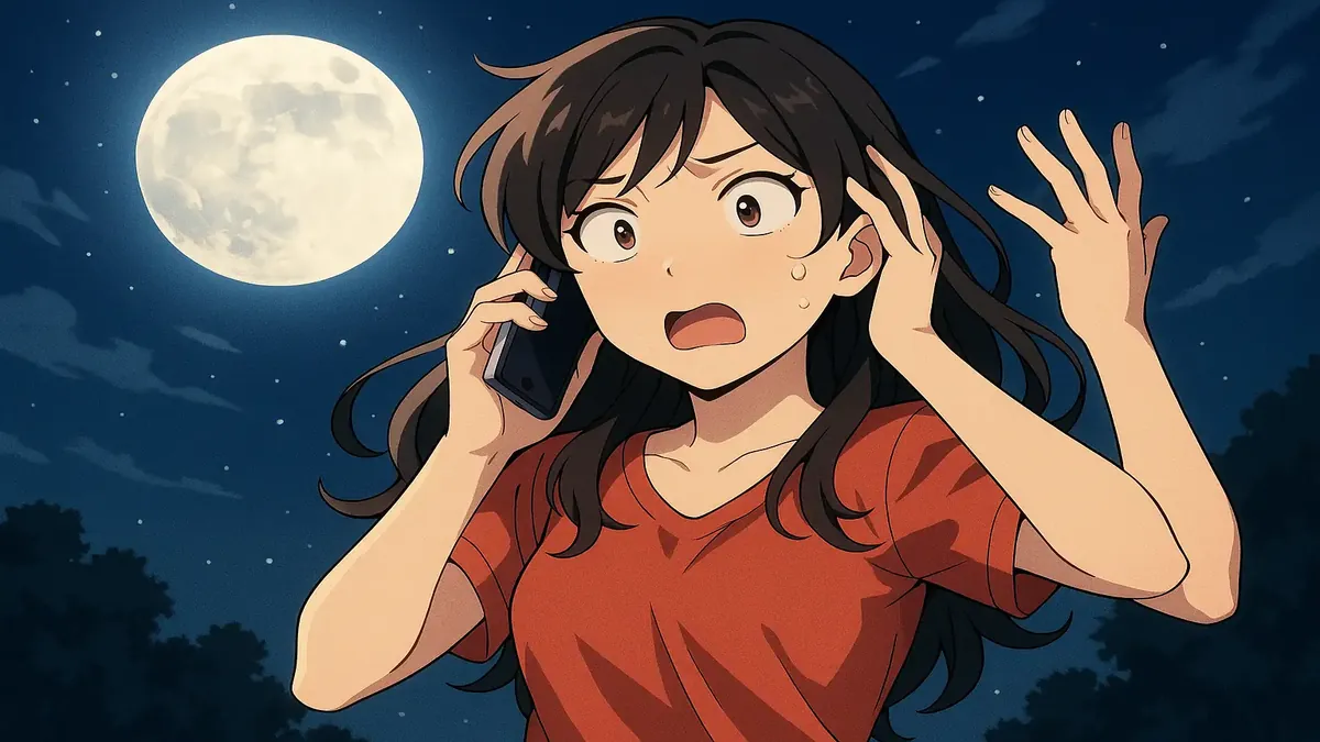 முழு சந்திரத்தின் கீழ் மயக்கமூட்டும் இரவின்போது, அதிர்ச்சி மற்றும் மர்மத்தை உருவாக்கும் அனிமேஷன் வரைபு.