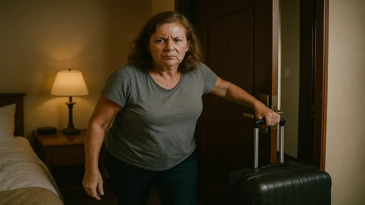 பாத்திரமில்லாத அறையில் உள்ள பெண், தனது நிலையைப் பற்றிய அதிர்ச்சி மற்றும் கோபத்தை வெளிப்படுத்துகிறாள்.