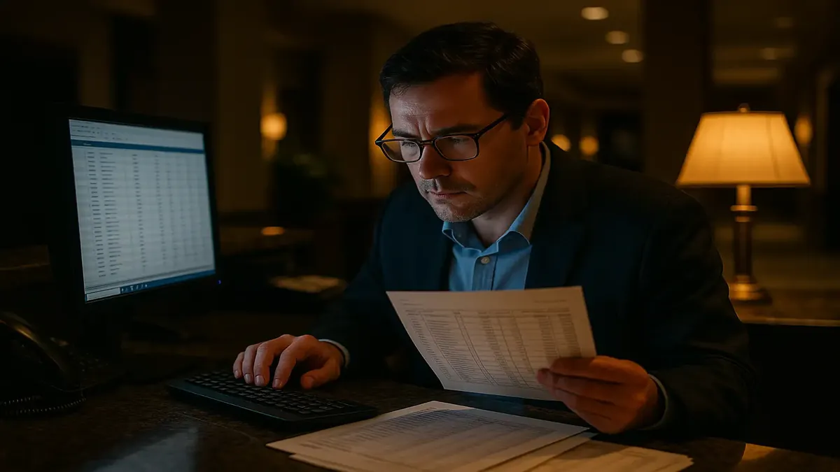 ஒரு ஹோட்டல் ரிசெப்ஷனிஸ்ட், இரவு ஆய்வின் போது கட்டணங்களை கைமுறையாக பதிவுசெய்யும் காட்சி.