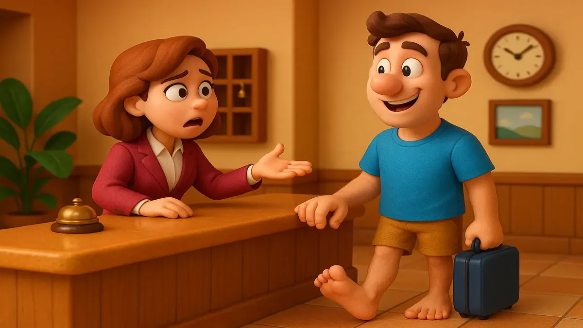 ஒரு லாபியில் காலில்லாமல் நடக்கும் ஒருவரின் காமிக்ஸ்-3D விளக்கம்.