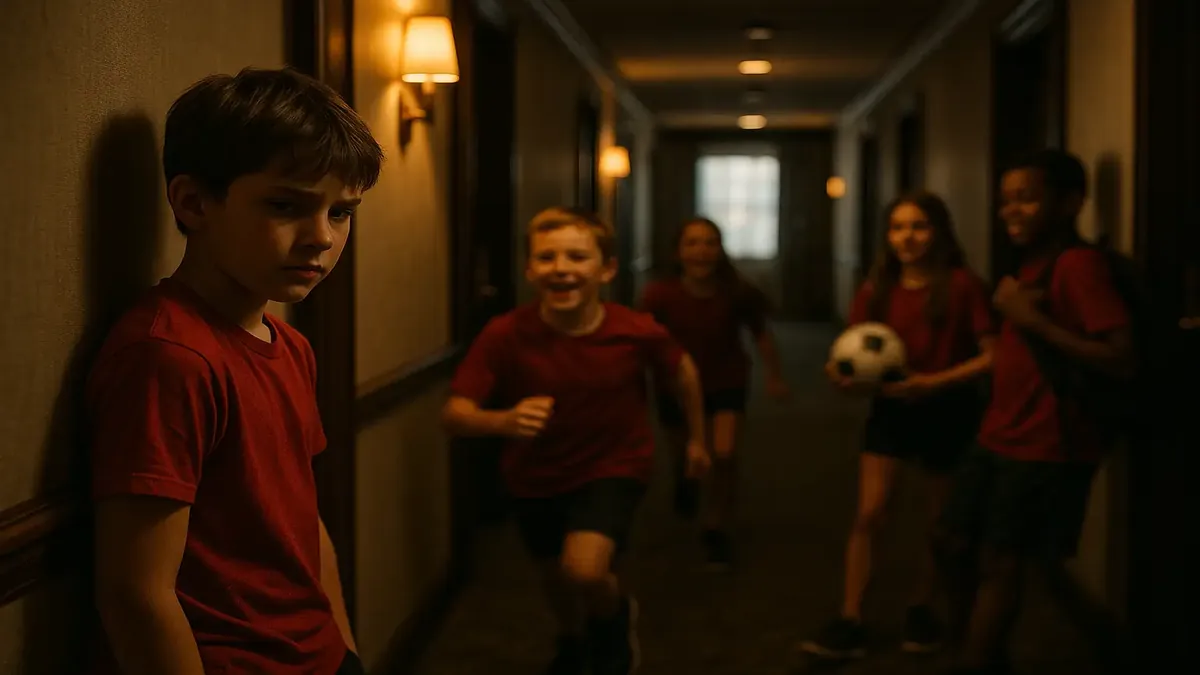 ஹோட்டல் லாபியில் கொண்டாட்டம் செய்கிற இளம் விளையாட்டு அணியைச் சுற்றி குடும்ப மகிழ்ச்சியின் உணர்வுகளைப் பிடிக்கிறது.