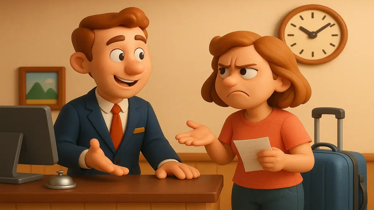 ஒரு மூன்றாம் தரப்பு முன்பதிவு கலைஞர் ரத்து கோரிக்கையை கையாளும் மனச்சோர்வான வீட்டுவசதி உரிமையாளரின் கார்டூன் வடிவிலக்கம்.