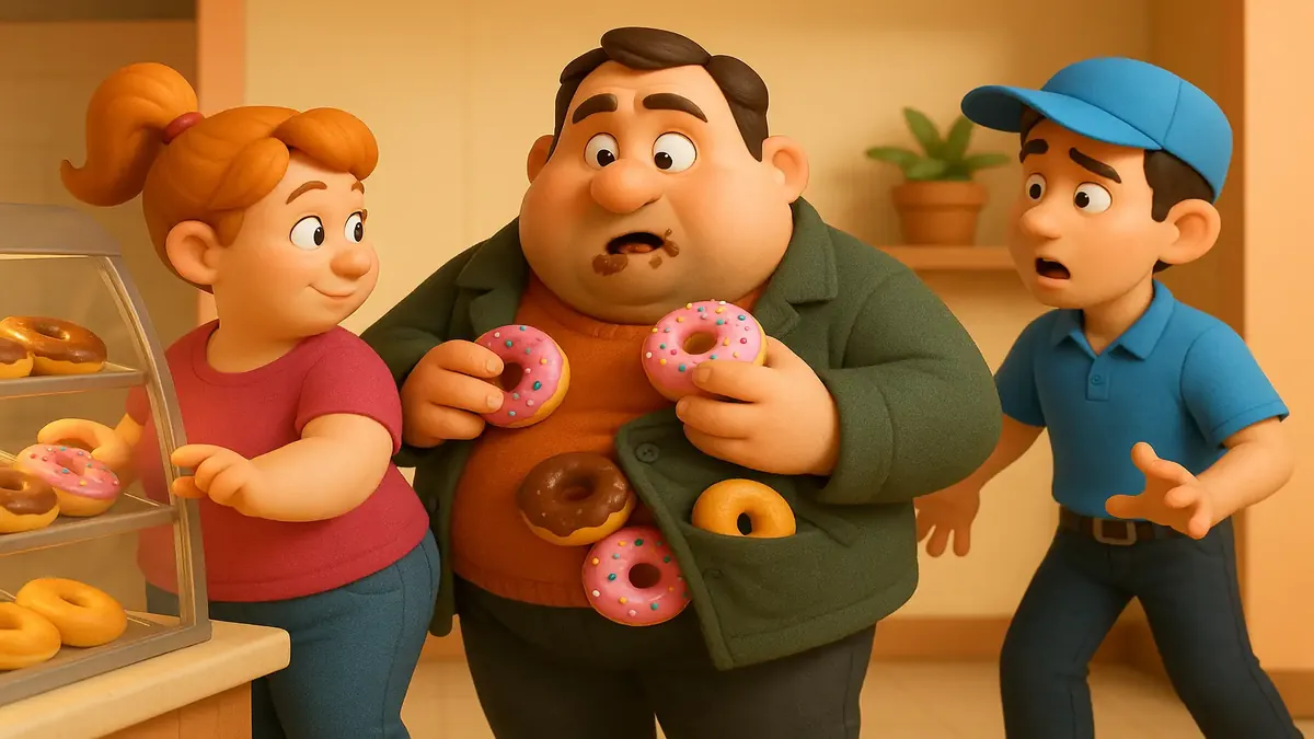 டோனட் களையுடன் உள்ள பேக்கரி காட்சியின் கார்டூன் படம், ஒரு சிரமத்தில் இருக்கும் வாடிக்கையாளர் மற்றும் கேளிக்கையான கூறுகள்.