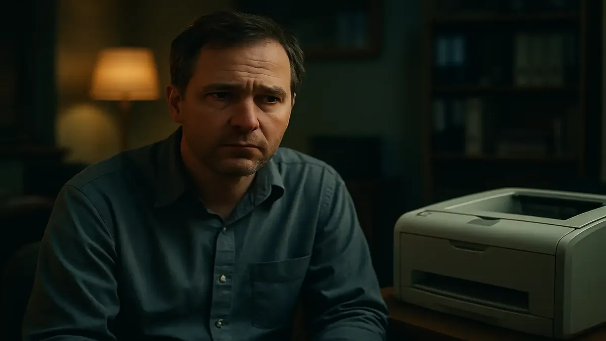 தொழில்நுட்ப ஆதரவு காட்சியில் அசந்துபோகும் பயனர் மற்றும் அச்சுப்பொறி உள்ள அலுவலக சூழல்.