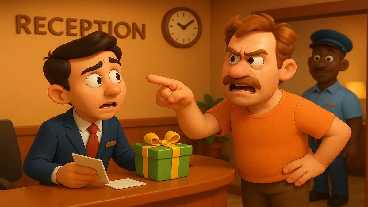 ஒரு ஹோட்டலில் விருந்தினர்களுக்காக காத்திருக்கும் ஷட்டில் ஓட்டுநருடன் பணி நடத்தும் இரவு ஆய்வாளர் ஆகியோரின் கார்டூன்-அழகு படம்.