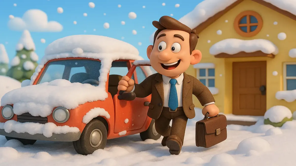 பனி மூடிய அணுமின் நிலையத்தில் கடினமான சூழ்நிலையில் வேலை செய்யும் ஊழியர்களின் கார்டூன்-3D படம்.