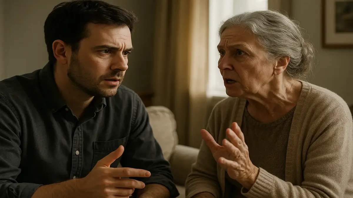 ஒரு மத கிறுக்கலுடன் விவாதிக்கும் பெண், குடும்பத்தின் மதிப்பீடுகள் மற்றும் தேவாலயத்தில் கலந்து கொள்வதைப் பற்றி மோதல் காட்டுகிறது.