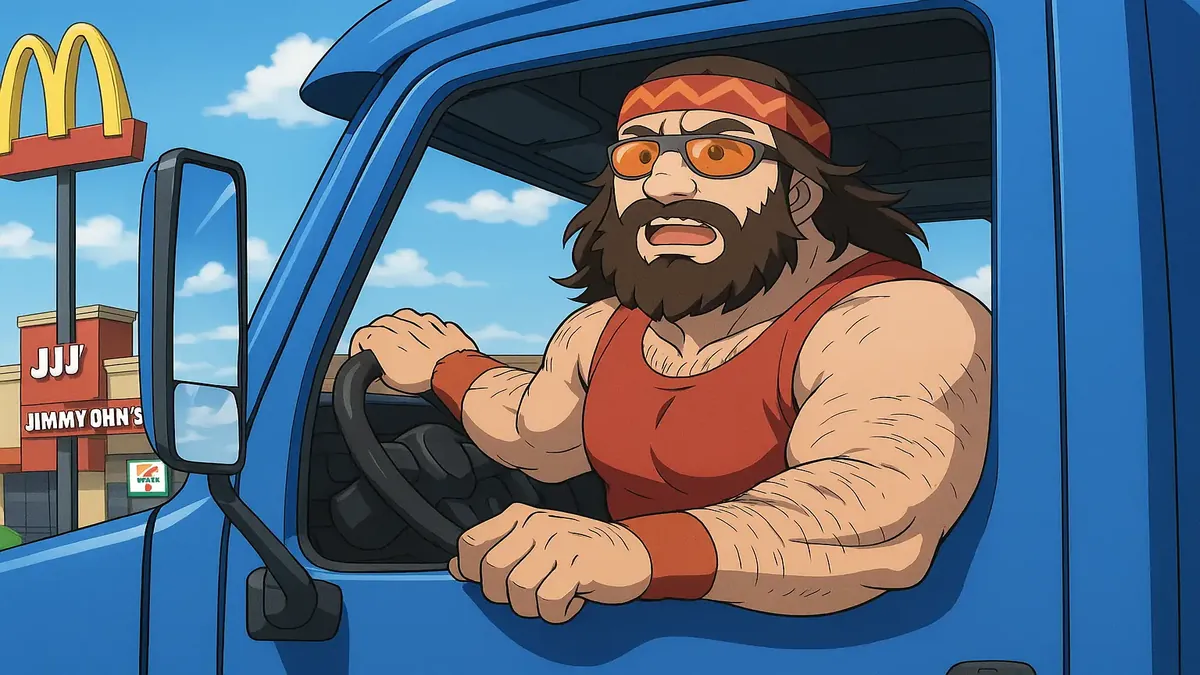 வழி கேட்டுக் கொண்டிருக்கிற பெரிய முடி கொண்ட ஆணின் அனிமேஷன் கலைச்சுவடு.