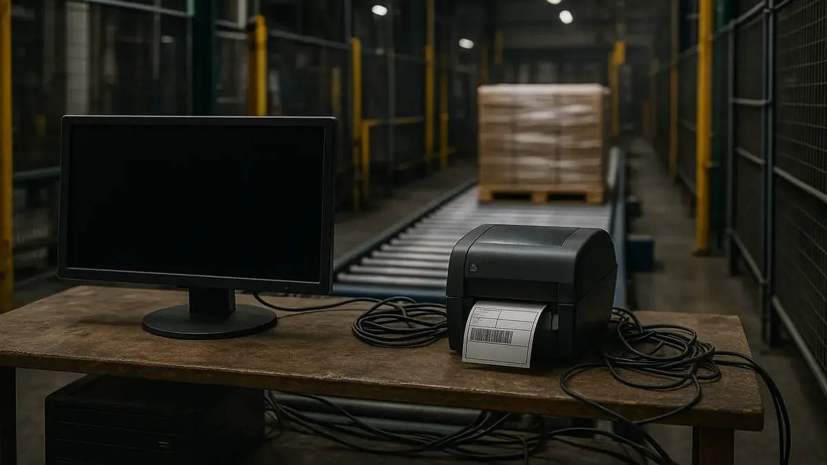 ஒரு உற்பத்தி தொழிலகம் உள்ள உயர் வேக பல்லெட் கோடின் படவியல், தவறான கணினி மானிட்டருடன்.