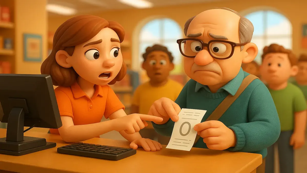 வாடிக்கையாளர் புகார்களை மற்றும் திருப்புகளை கையாளும் அங்காடி ஊழியரின் கார்டூன்-3D விளக்கம்.