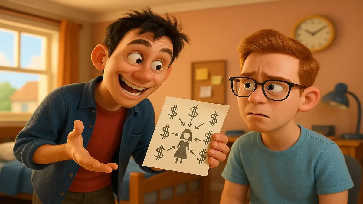 கேவினின் விதிமுறைகளை மீறும் கல்லூரி நிதி திட்டத்தை விவரிக்கிற கார்டூன் ஓவியம்.