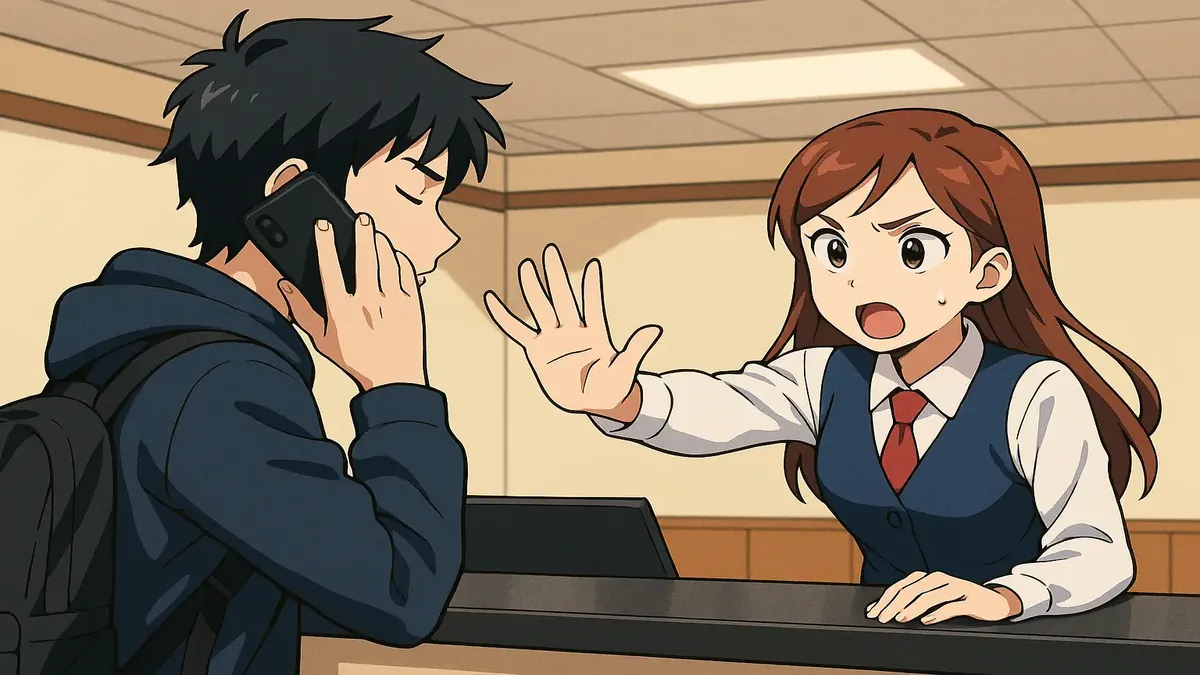 தொலைபேசியில் கவனமுள்ள பயணி மற்றும் பரபரப்பான சேவை மையம் - தொலைபேசி etiquette க்கான சிறப்பு விளக்கம்.