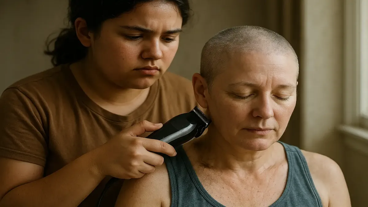 ஒரு அம்மா தனது குழந்தையின் தலைவை வெள்ளைச் சேர்த்து, குடும்பம் நிறைந்த சூழலில் உள்ளார்.