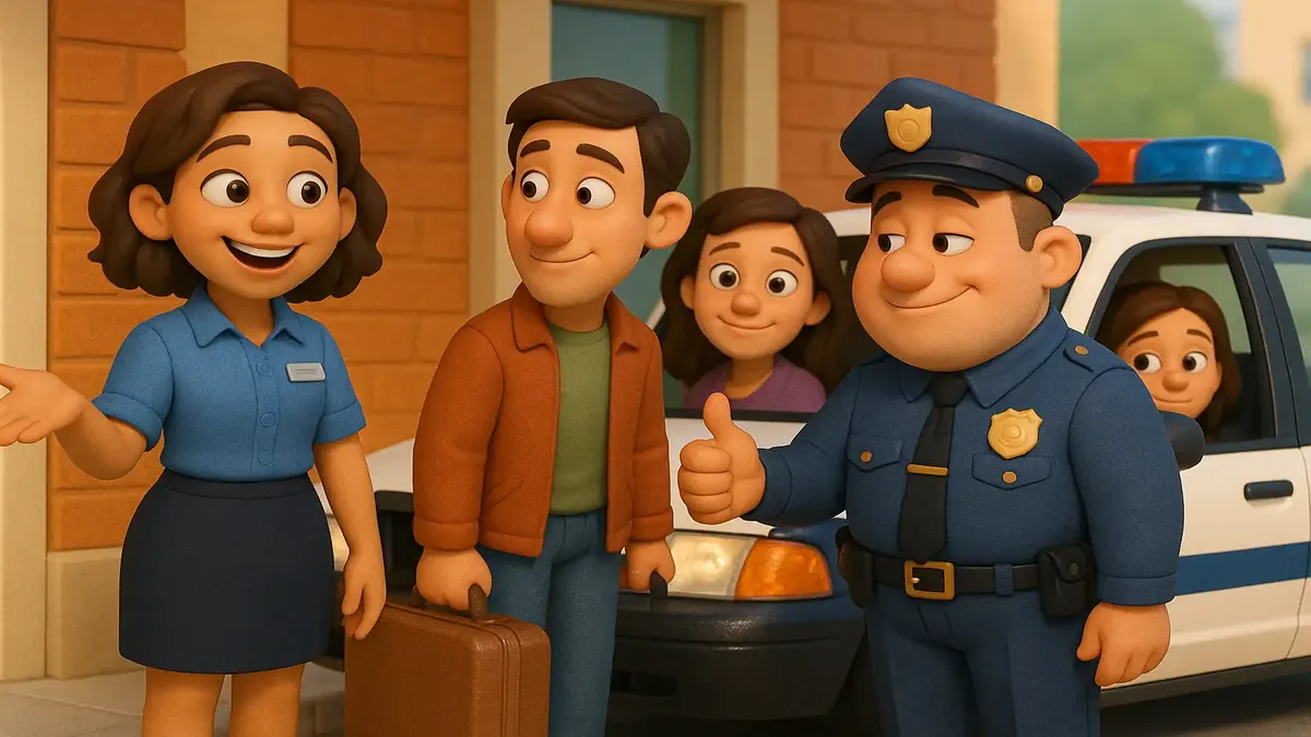 போலீசார்களுக்கு விருந்தினர்களை தேர் கொண்டுவர உதவி செய்கிற ஹோட்டல் ஊழியர்களின் கார்டூன்-3D படம்.