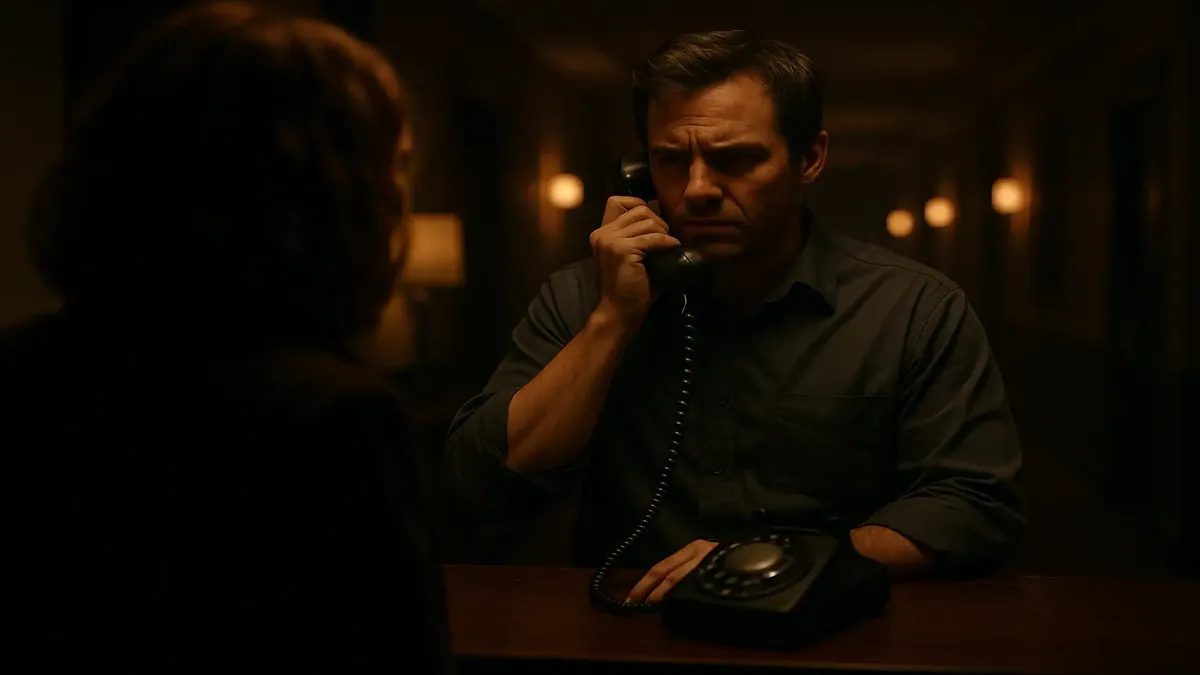 Noise complaint from an unruly guest in a hotel, cinematic view of a chaotic evening scene.