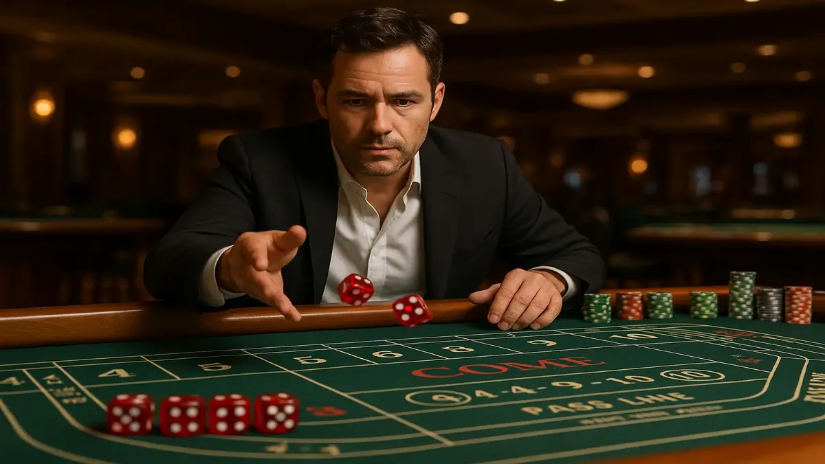 Photorealistic image of a craps table with five dice, showcasing a thrilling casino game scene.