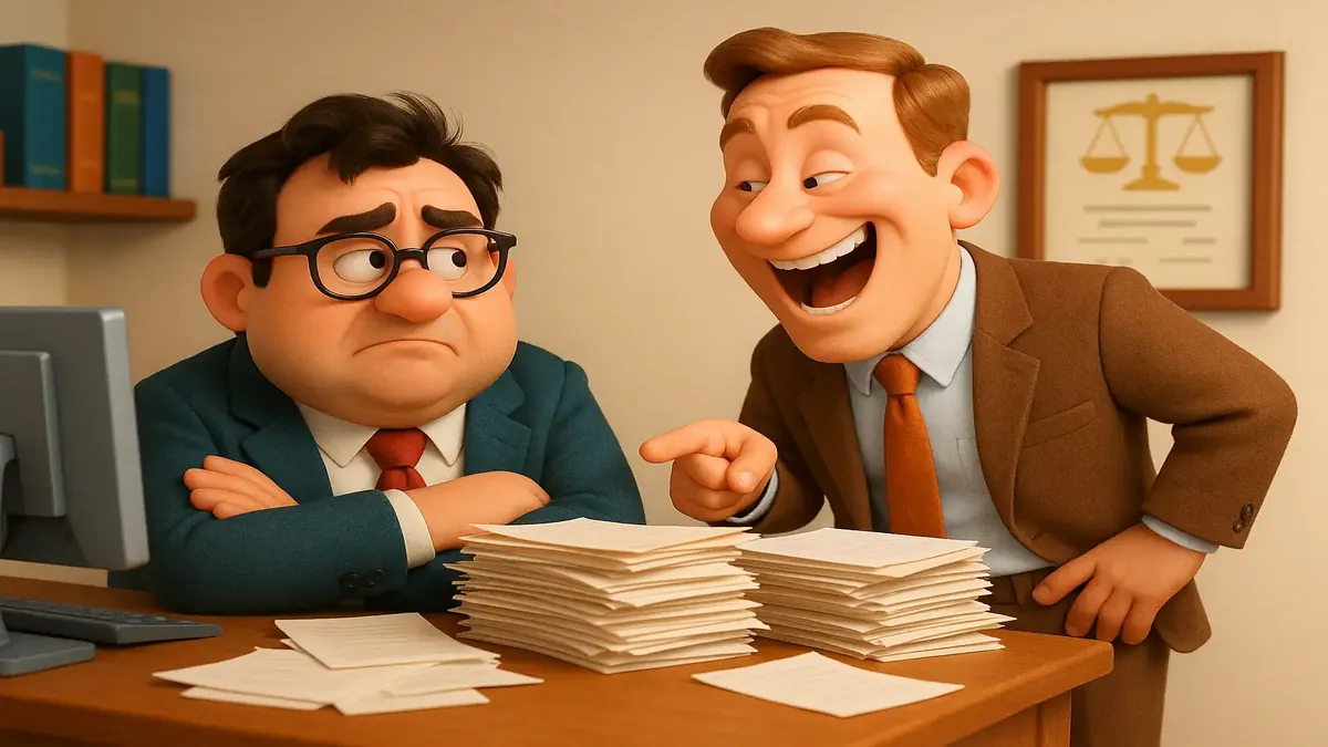 ஆவணங்கள் உயரமாக குவிந்து உள்ள குழப்பமான மேசையை காட்டும் கார்டூன்-செயல்பாட்டில் 3D வரைபடம்.