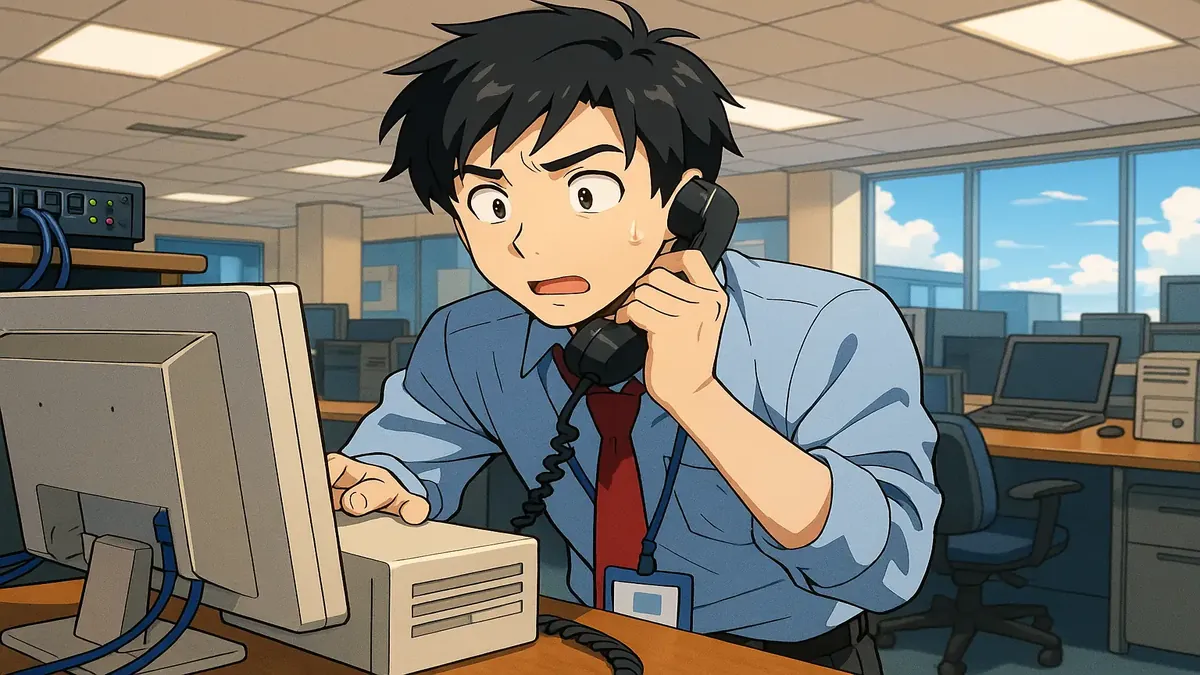 தொழில்நுட்ப ஆதரவு நெட்வொர்க் சிக்கல்களை தீர்க்கும் கார் தொழிற்சாலையில் அனிமே ஸ்டைலில் வரைந்த படம்.