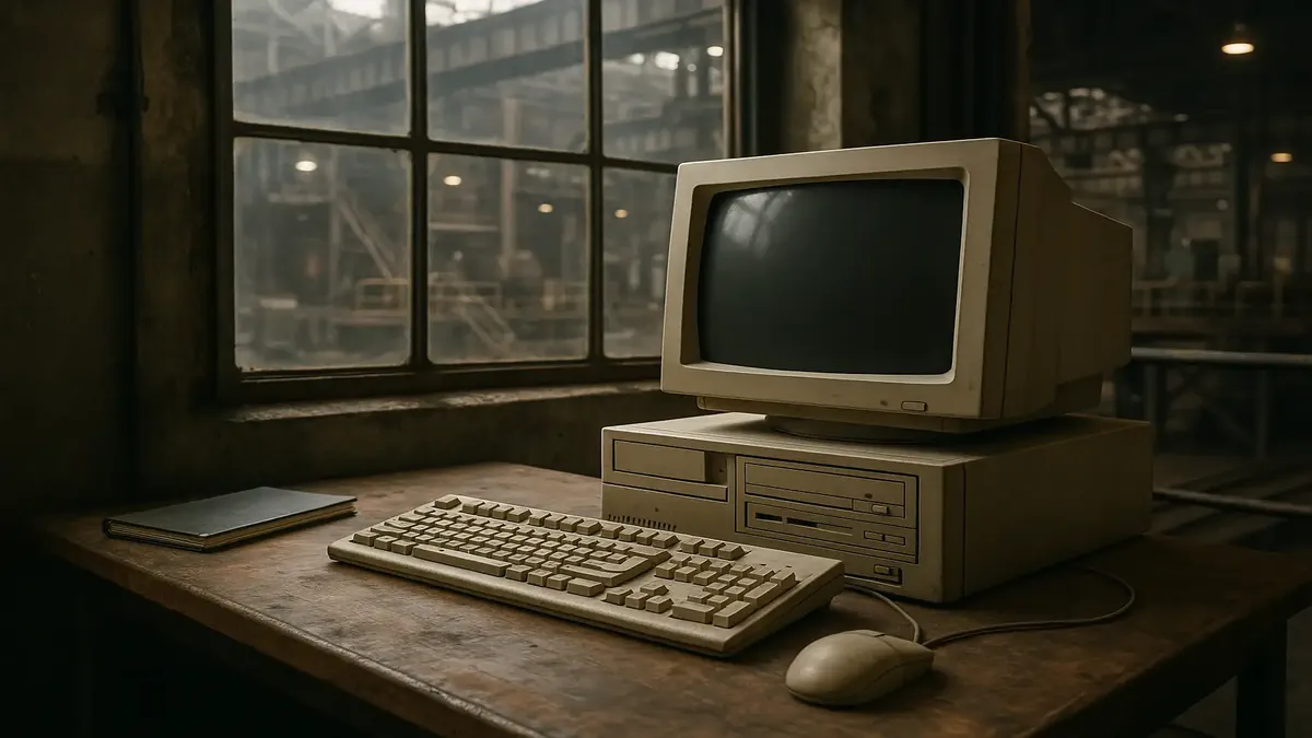 ஒரு பழமையான கணினி வேலைநிறுவனம், எஃகு கற்கை சூழலில், கடந்த கால தொழில்நுட்ப சவால்களை நினைவுபடுத்துகிறது.