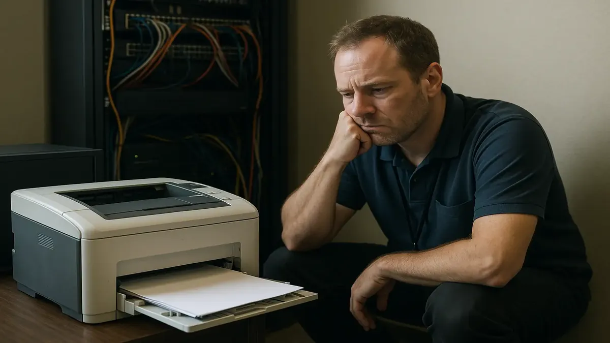 அலுவலகத்தில் உள்ள ஒரு அயா தொழில்நுட்ப நிபுணர் பிரிண்டர் சிக்கல்களை தீர்க்க முயற்சிக்கிறார், பயனர் உபகரணங்கள் மற்றும் நெட்வொர்க் சாதனங்களால் சூழ்ந்துள்ளார்.